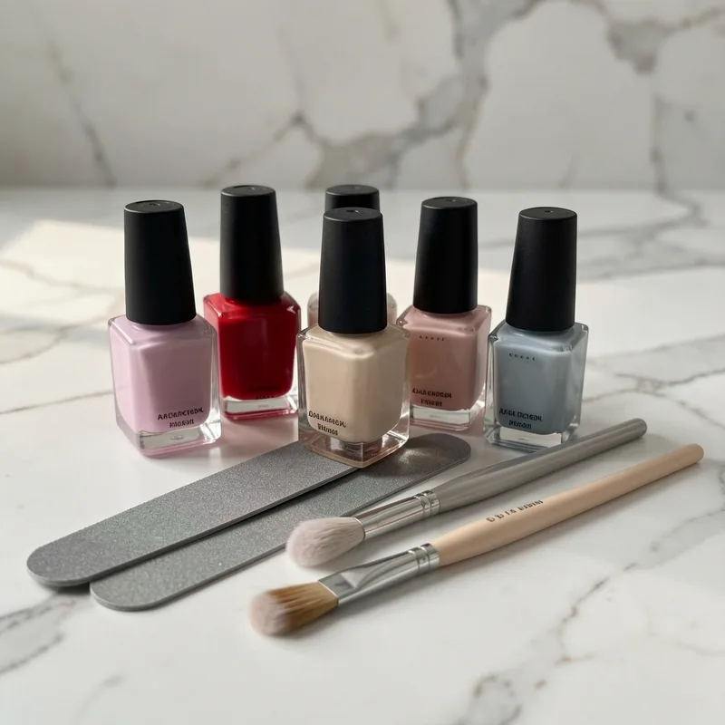 Mains aux ongles manucurés en semi-permanent posées sur une table claire, à côté d'une lampe UV et de pinceaux de nail art